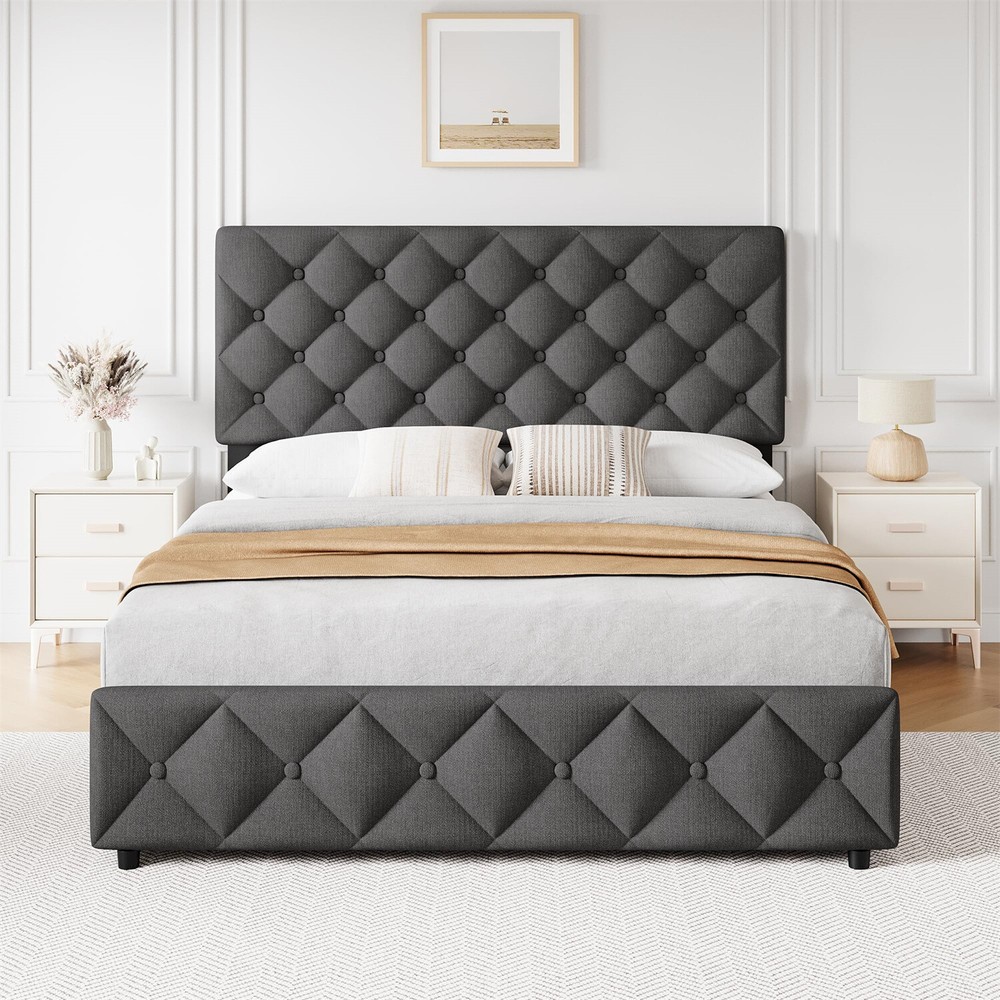 ⏯✅4 Storage Drawers and Headboard Queen Bed Frame Upholstered Platform Bed Frame