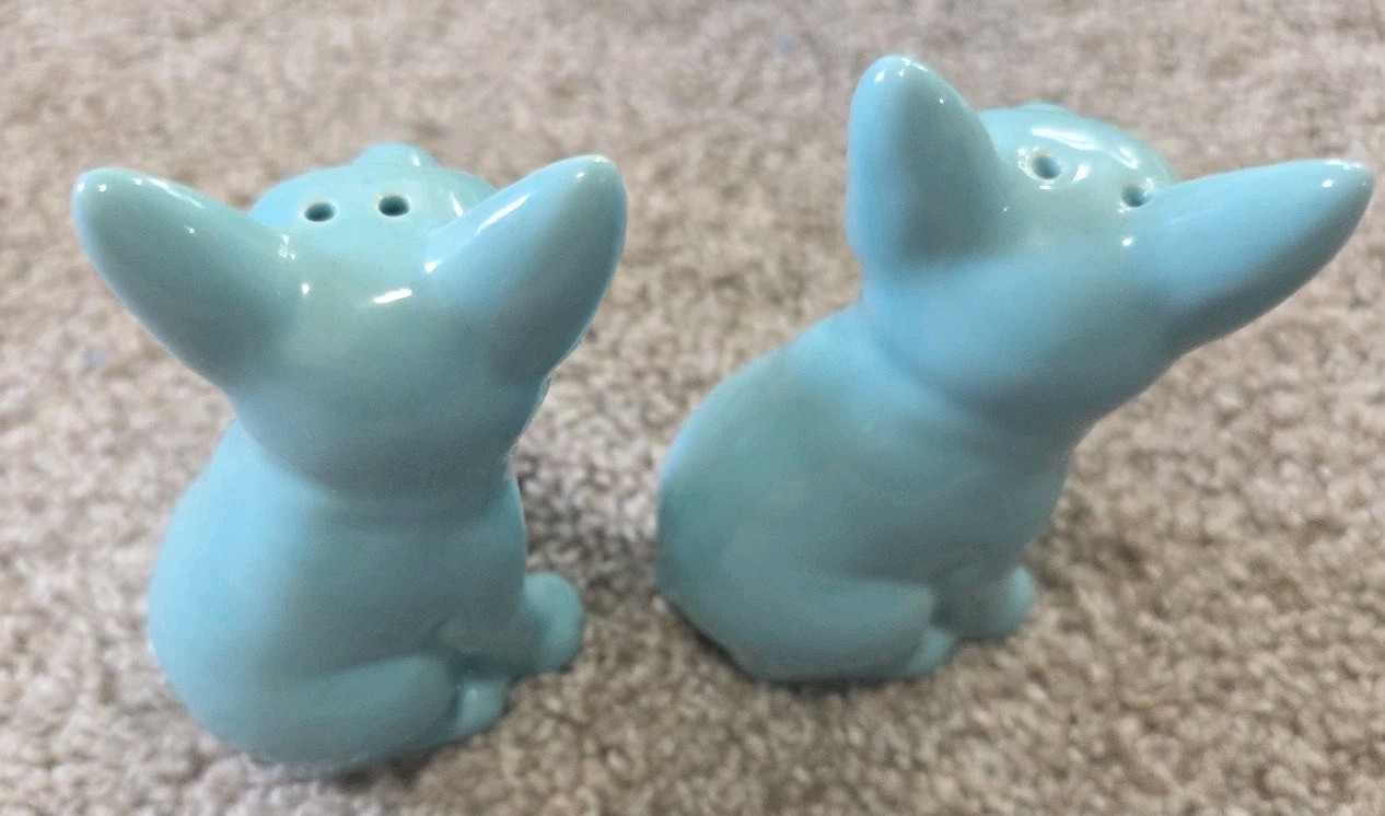 Set of turquoise/teal French Bulldog salt and pepper shakers