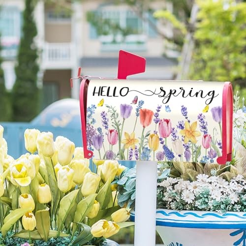 Hello Spring Mailbox Covers Tulip Lavender Butterfly Spring Decorative Mailbox