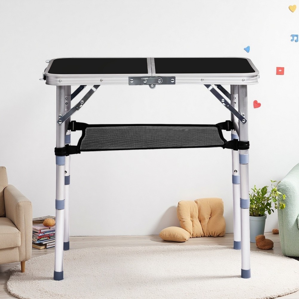 Folding Camping Table 2ft - Adjustable Mesh Storage Aluminum Frame Patio Black