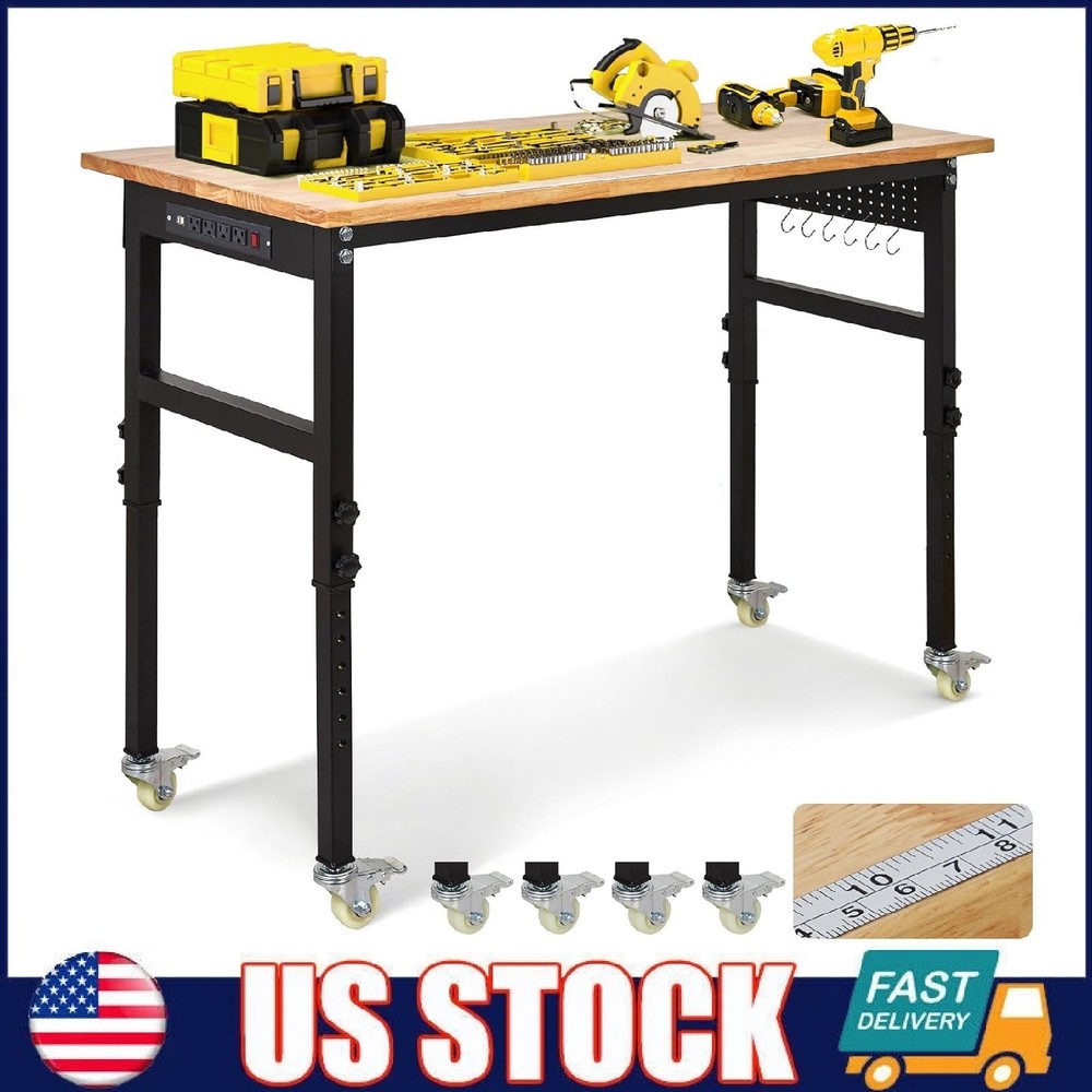 48" Adjustable Workbench, Heavy Duty Work Bench Table w/Pegboard & Power Outlets