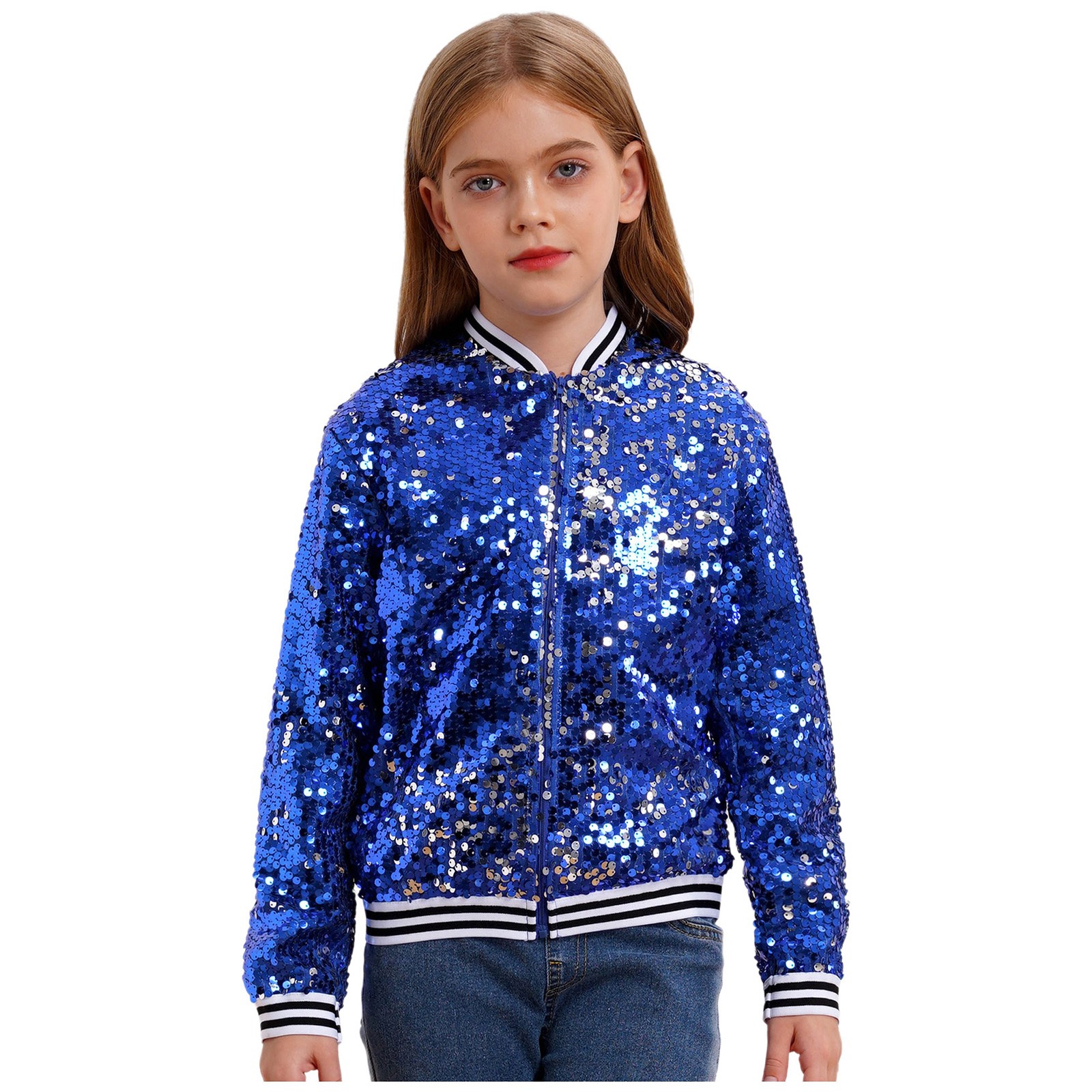 US Kid Girls Baseball Jackets Stylish Coat Street Dancing Outerwear Sequin Shiny