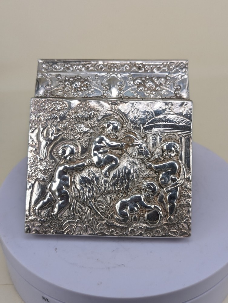 1901 Berthold muller solid silver box with cherubic scene & goats