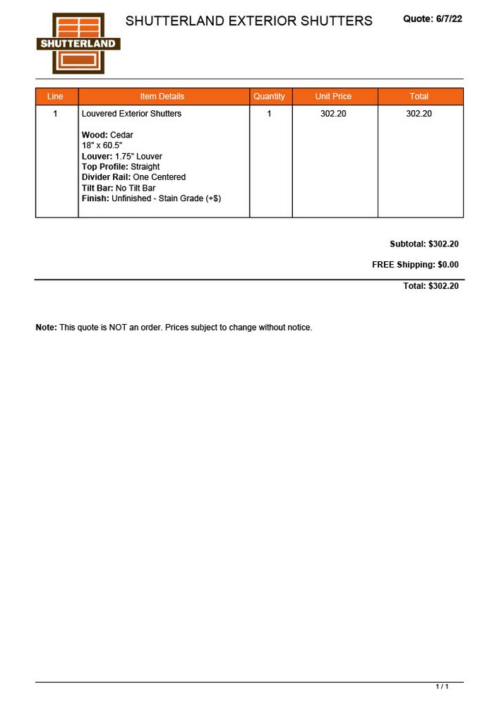 Solid cedar wood shutter 60.5" height 18" width 1 3/8" thick