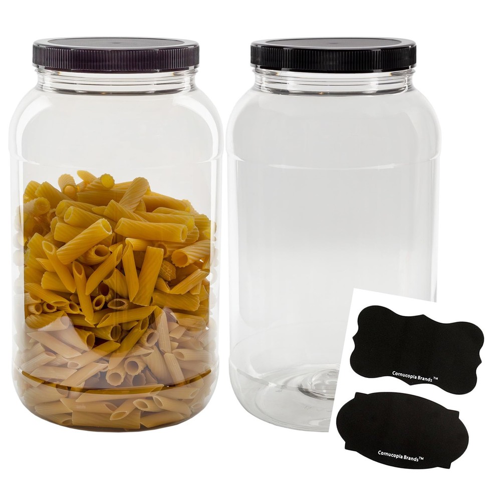 Cornucopia Brands Gallon Plastic Jars (2-Pack) Clear Round Containers w/Black