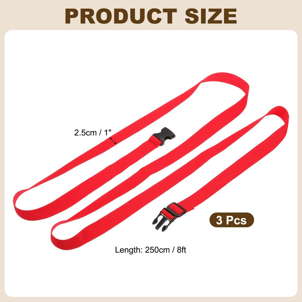 3pcs 1" x 8ft Utility Straps with Quick Release Buckle Adjustable, Red
