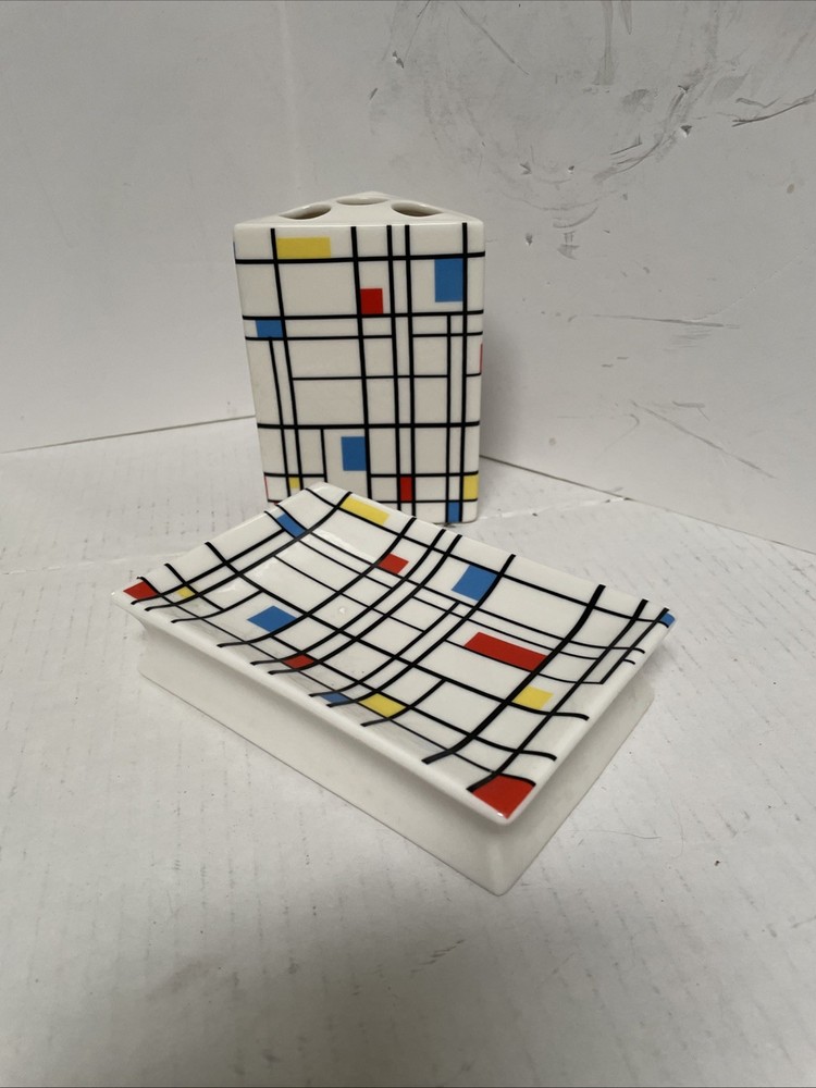 Piet Mondrian style triangular ceramic toothbrush holder and soap dish