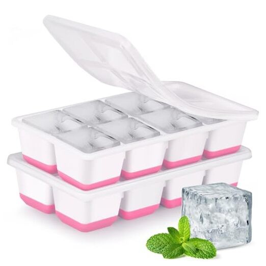 Large Ice Cube Trays with Lid,  2 Pack Stackable Silicone Ice Cube Molds Pink