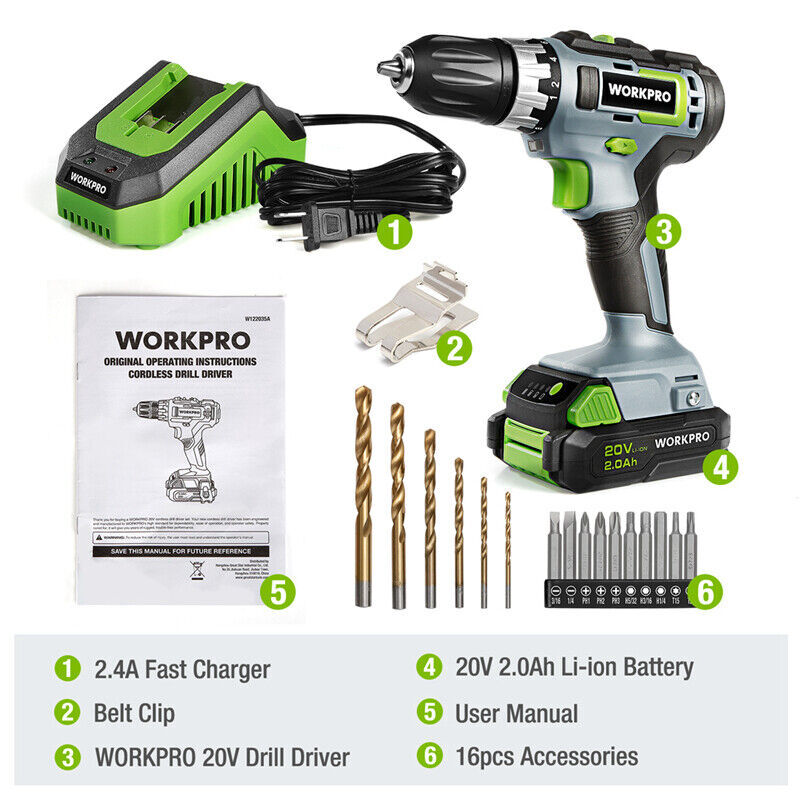 WORKPRO 20V Cordless Drill/Driver Kit 3/8" 18+2 Torque Setting Variable Speed US