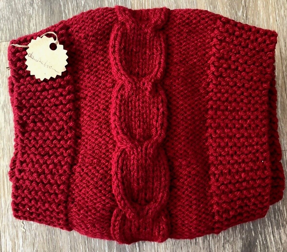 Hand Knitted Red Scarf Shawl Cable Pattern Wool Blend
