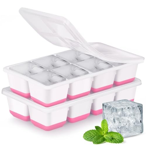 Large Ice Cube Trays with Lid, 2 Pack Stackable Silicone Ice Cube Molds Pink