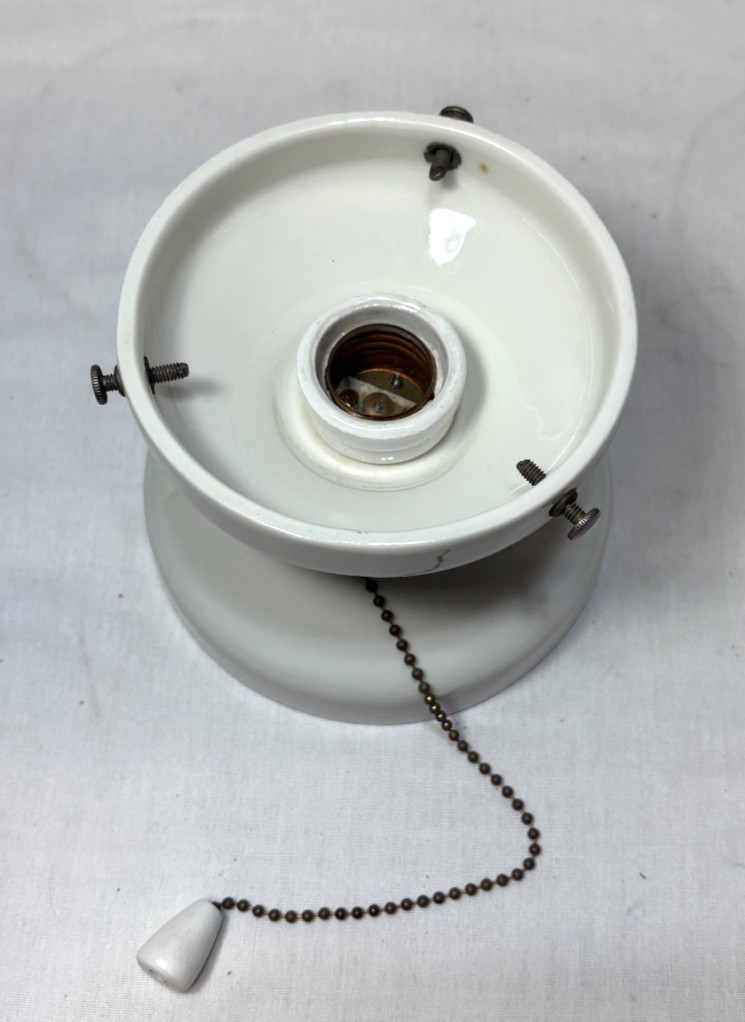 Vtg Porcelain Light Fixture Ceramic Ceiling Art Glass Shade Stripe USA #L99