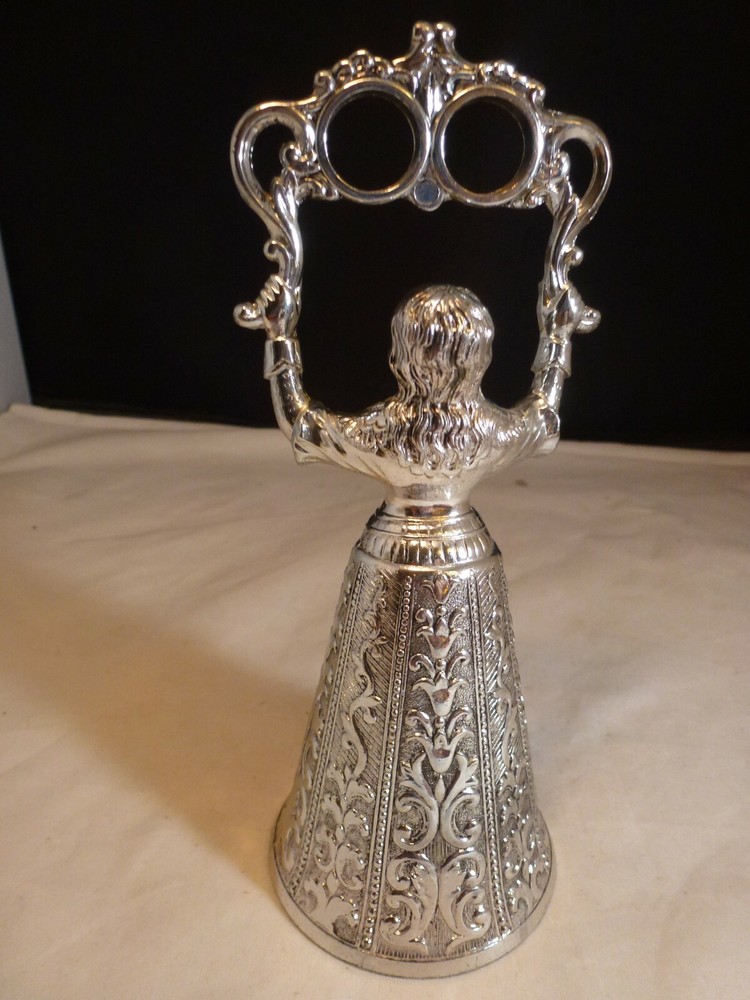 Vintage Silver-plate Wedding Bell - Figurative Lady Holding Double Ring JAPAN