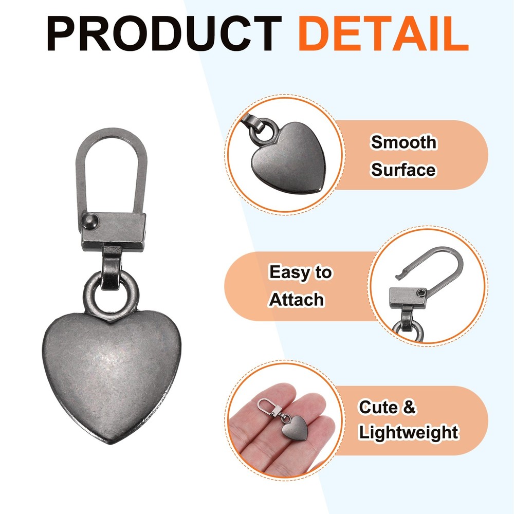 Zipper Pull Charm 5 Pcs Heart Shape Zipper Pull Replacement, Gray