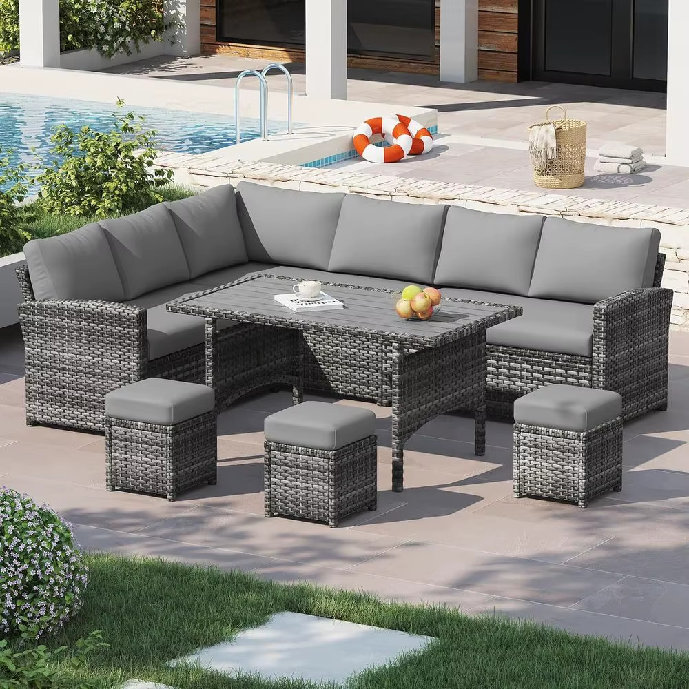Gray Rattan Patio Furniture Set Sectional Sofa Table Chairs Ottoman Steel Frame