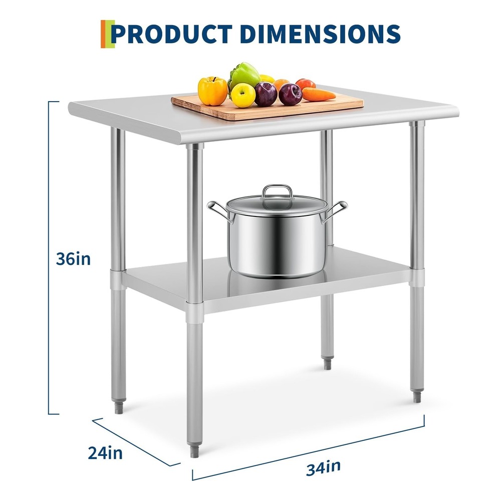 36x24 Inch Stainless Steel Kitchen Prep Table with Adjustable Shelf Work Table