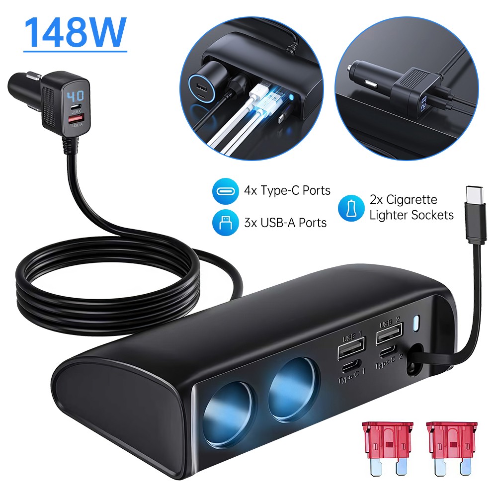 Cigarette Lighter Adapter Socket USB QC3.0 + PD3.0 2 Socket Outlet Splitter