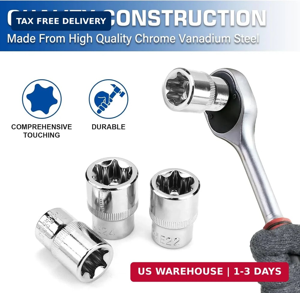 14-Piece Female E-Torx Socket Set, E4-E24 External Star Sockets, 1/4" 3/8"...