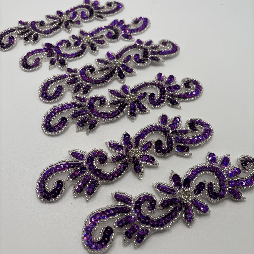 6 Purple Sequins Appliques Silver Beaded Border D2