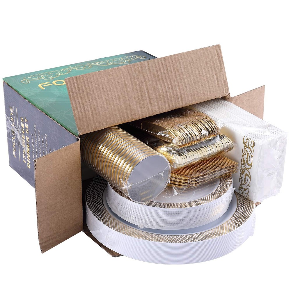 FOCUSLINE 10" Dinner Plates, 7" Dessert 175Pack Gold Dinnerware Set