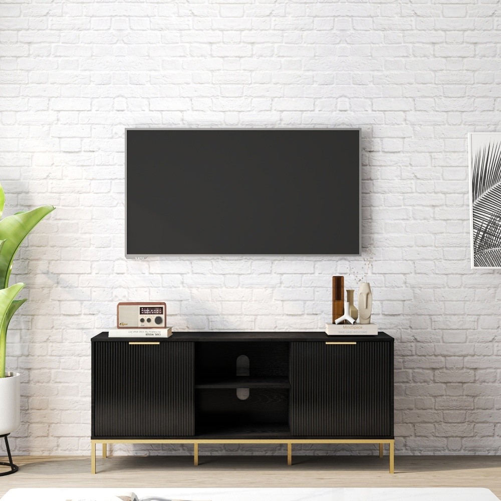 Mid Century Modern TV Stand w Wave Doors Gold Legs Soft Close