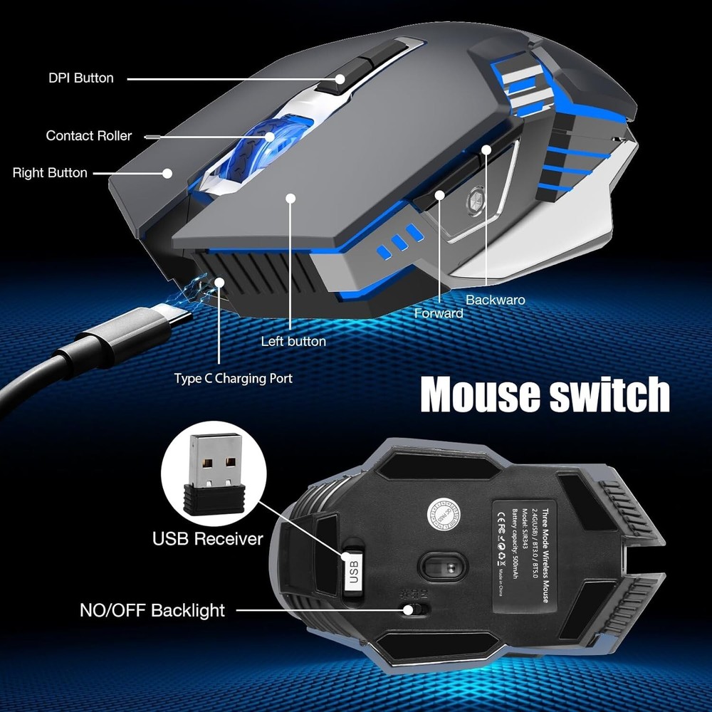 Multi-Mode Wireless Mouse - 2400 DPI - 7 Buttons - Rechargeable Battery - Grey