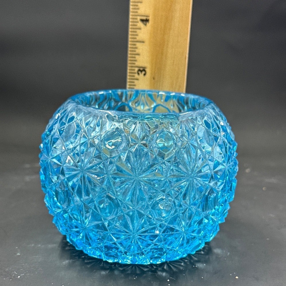 Vintage Blue Pressed Glass Bowl Button & Star Pattern Open Salt Cellar Dish