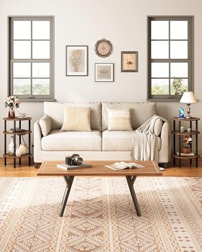 Round Side Table with Charging Station, Small Round End Rustic Brown + Black