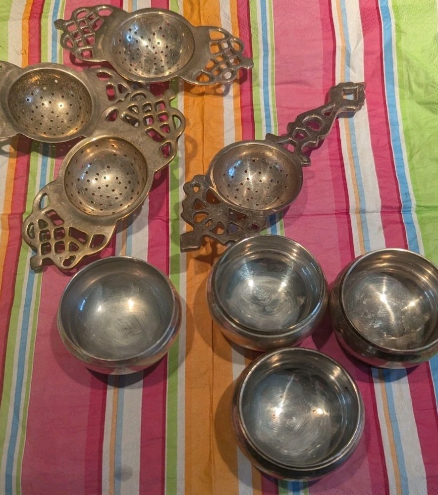 4 Sets Vintage Silverplate Tea Bag Strainers Drip Dish