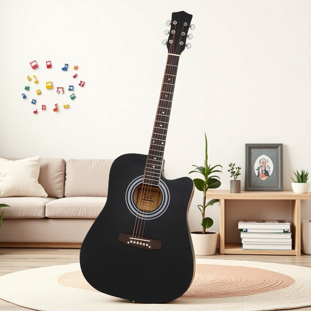 41" Solid Spruce Top Beginner Acoustic Guitar Set - Dreadnought Cutaway Black