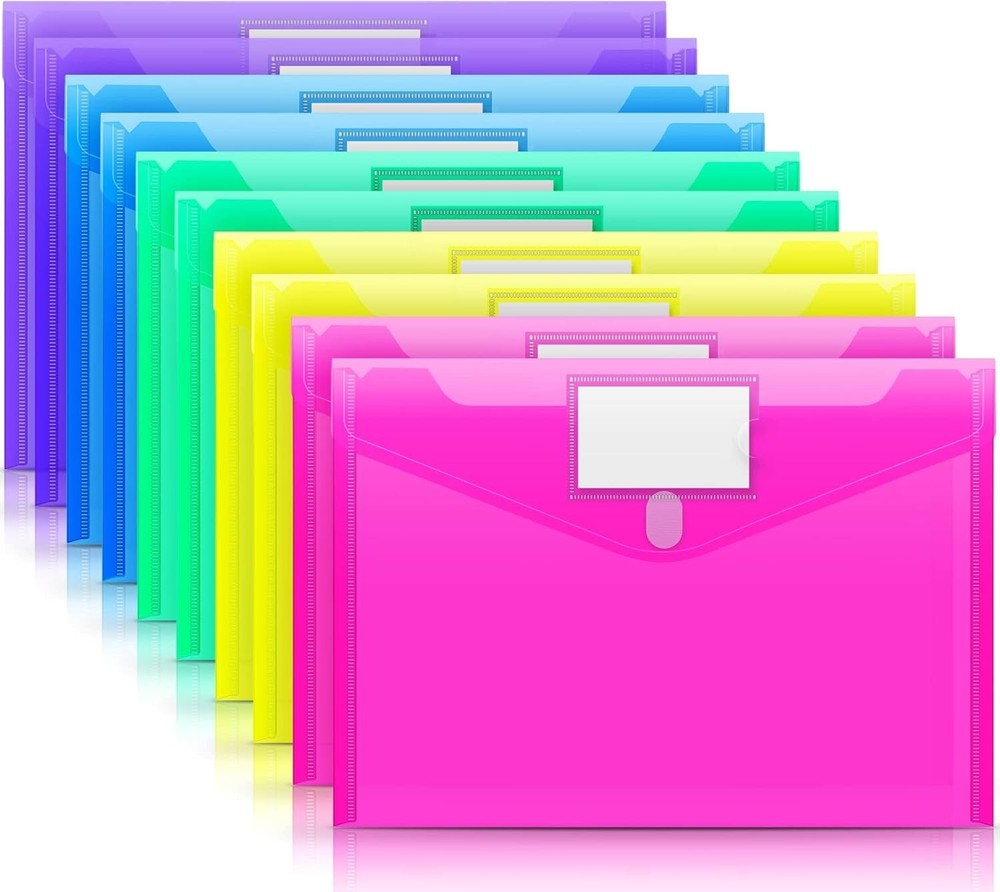 Durable 10-Pack Clear Plastic Envelopes - Safe Closure & Colorful Label Pockets