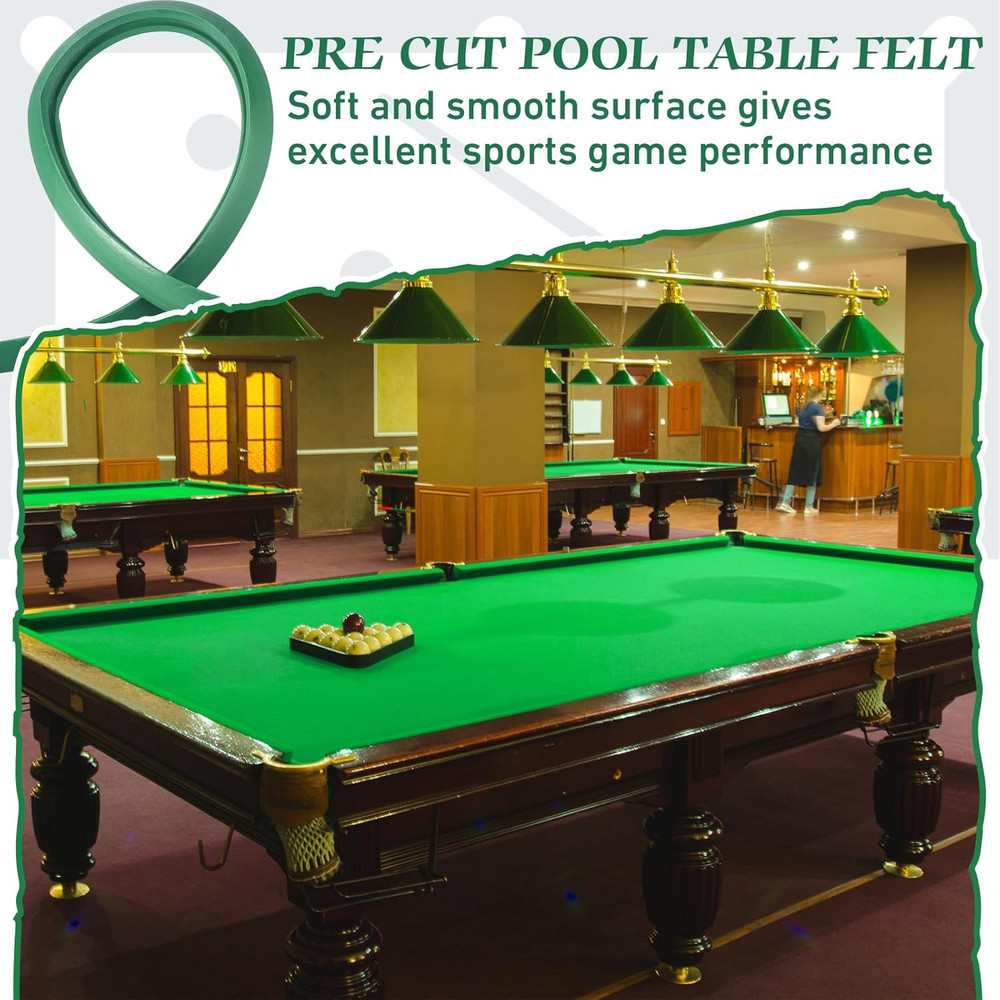 Complete Pool Table Replacement Felt with 6 Strips & Rubber Bumpers - Green