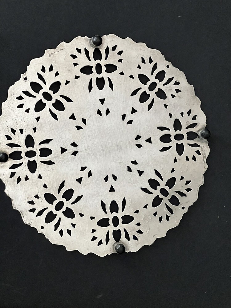 Raimond Italy Silverplate Footed Trivet Hot Plate Cut Pattern 7.5" Vintage