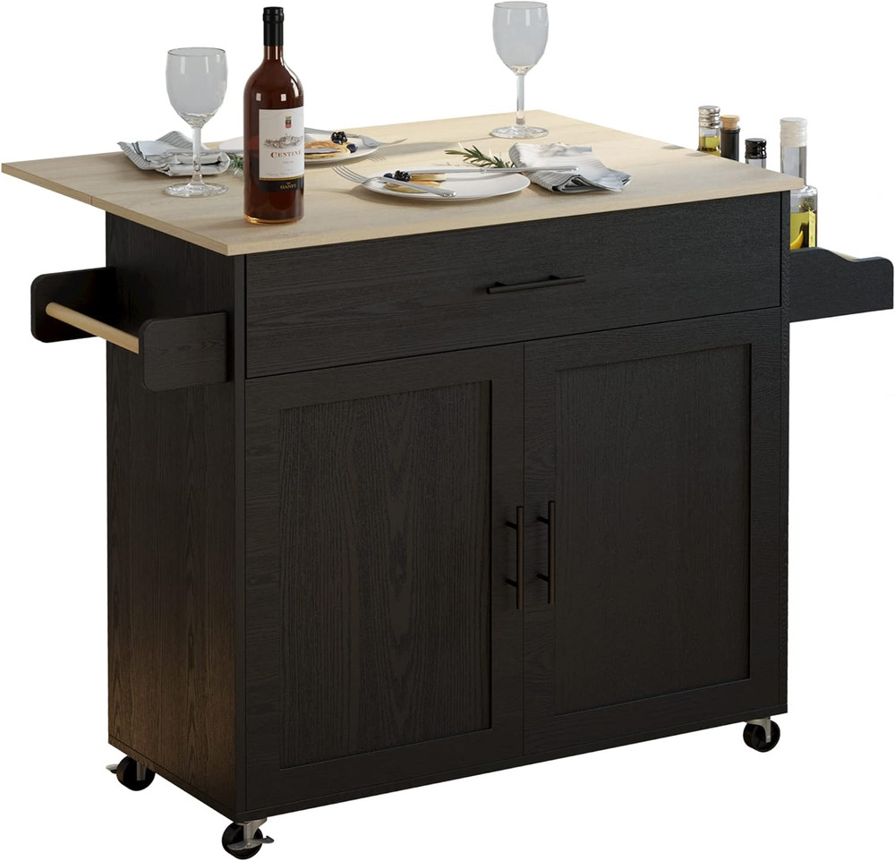 Black Rolling Kitchen Island Cart with Drop Leaf, Storage & Spice Rack, 47.25