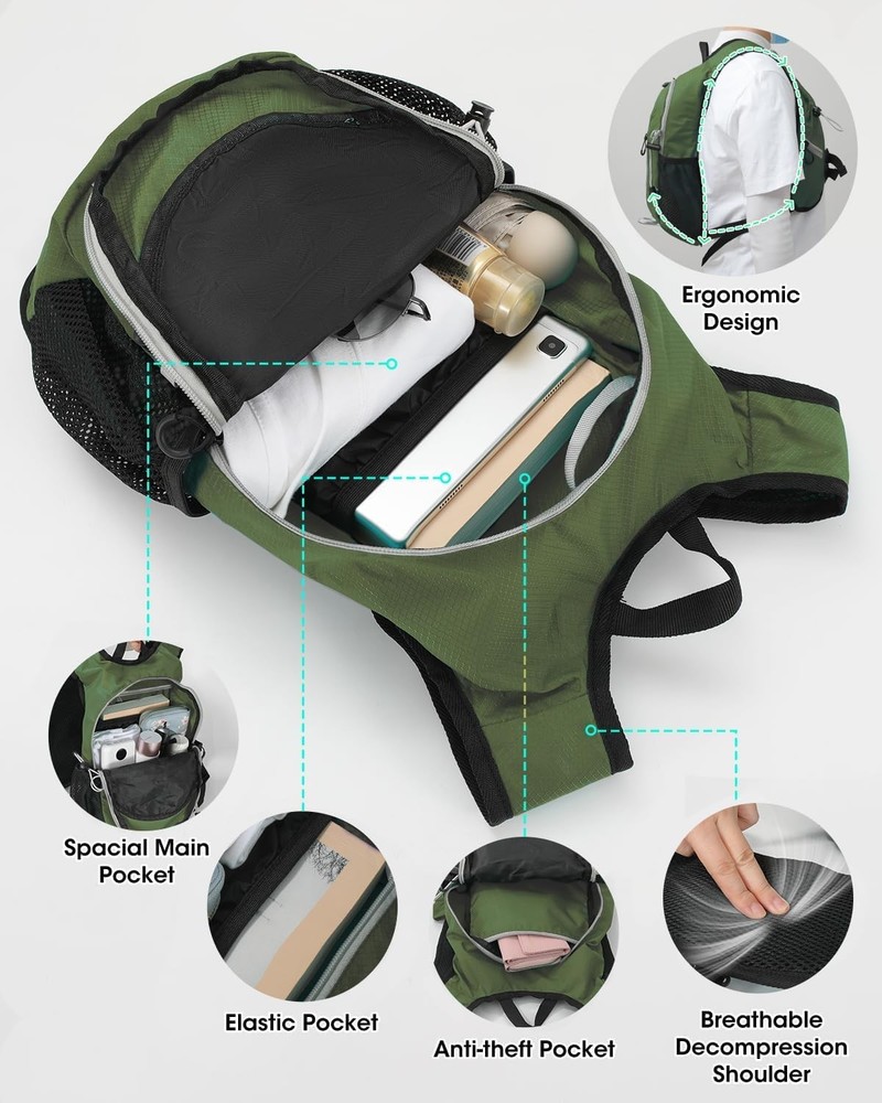 Small Hiking Backpack with Front Phone Holder, Packable Back pack Olivegreen-