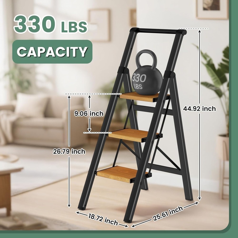 3 Step Ladder Folding Step Stool with Handle, Kitchen Step Stool for Adults, ...