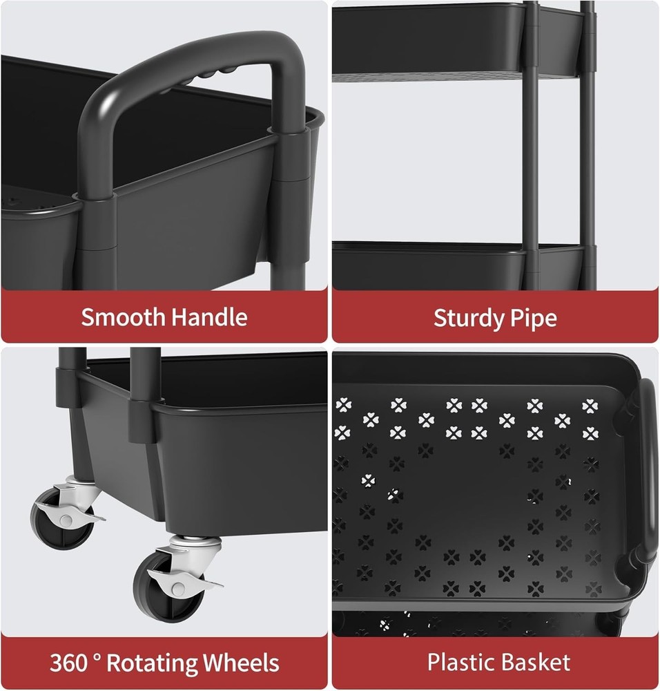 Black Multi-Functional Rolling Cart with Lockable Wheels - Perfect for Any Space