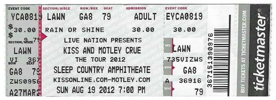 KISS / MOTLEY CRUE Full Ticket Stub Aug 19, 2012, Concert Tour 2012