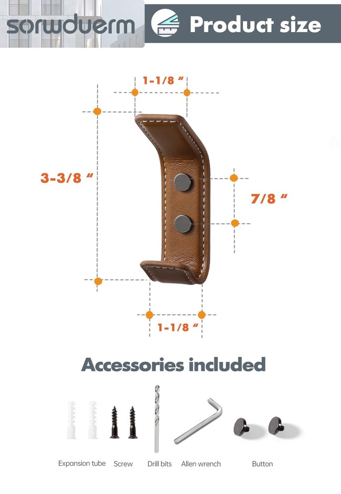 2 Pack Brown Leather Coat 2 Hooks Wall for Hanging Rectangle Coat Hooks for H...