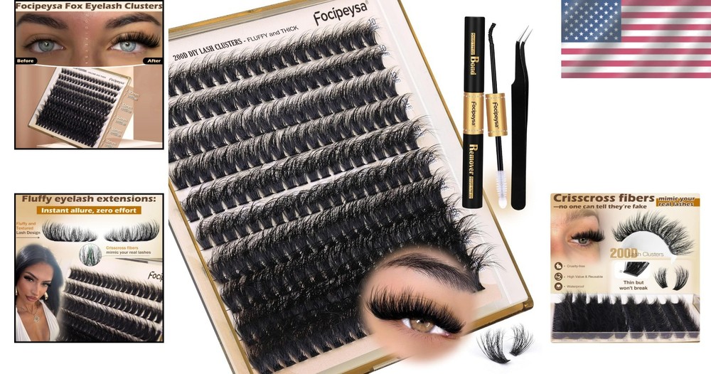 Lash Extension Kit: 200 Fluffy Clusters & Essentials for Home Application
