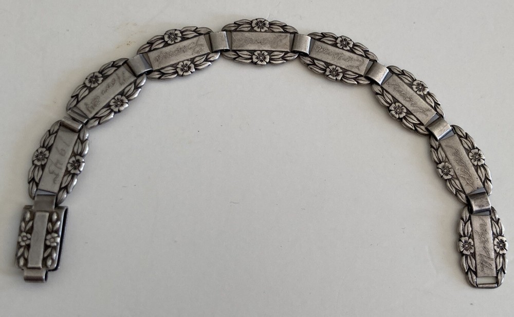 1945 WWII Forget Me Not Sterling Silver Mother Friendship Bracelet 6”