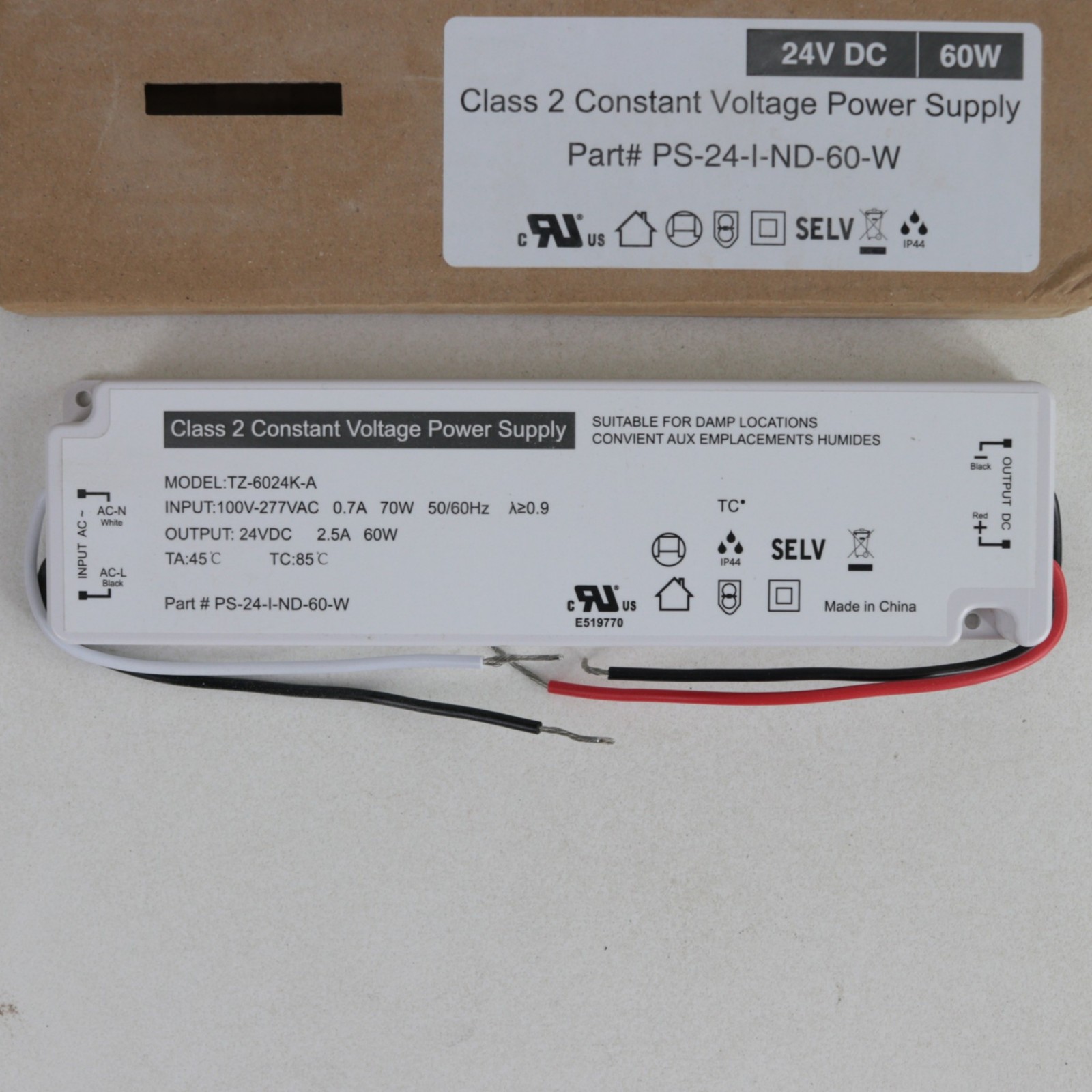 Class 2 Constant Voltage Power Supply LED Driver 100-277VAC 24VDC 60W TZ-6024K-A