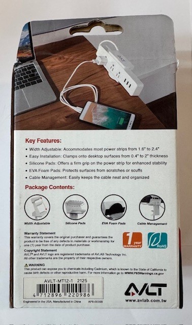 Desk Mount For Power Strip Adjustable Width Quick Setup White NIB Ships FREE US