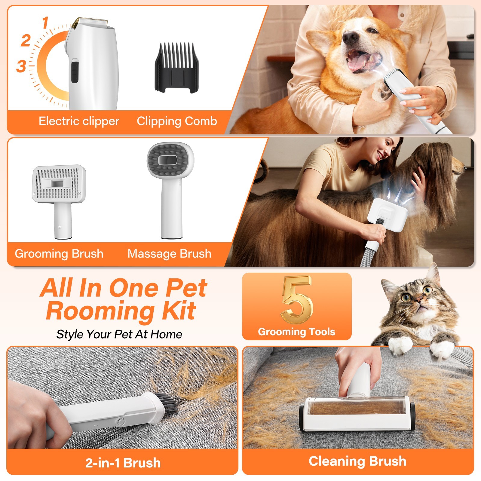 Dog & Cat 12000Pa Pet Grooming Kit & Vacuum 1.5L Large Capacity w/5 Clipper Tool