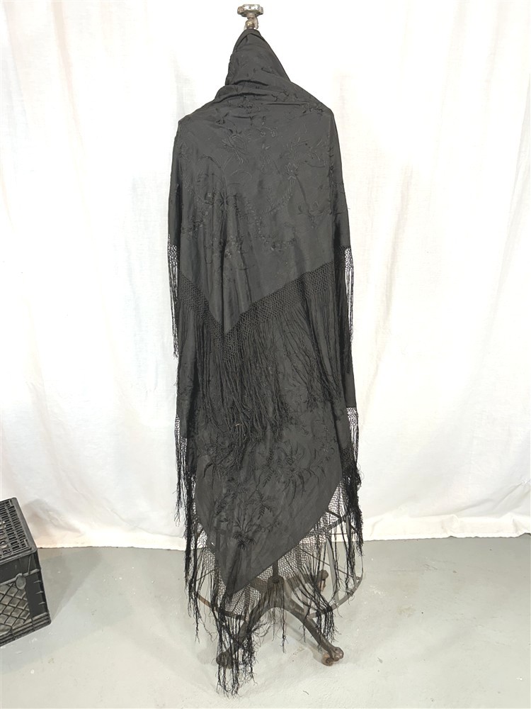 antique silk shawl embroidered black large 62 x 62 fringe 13 in. original 1800