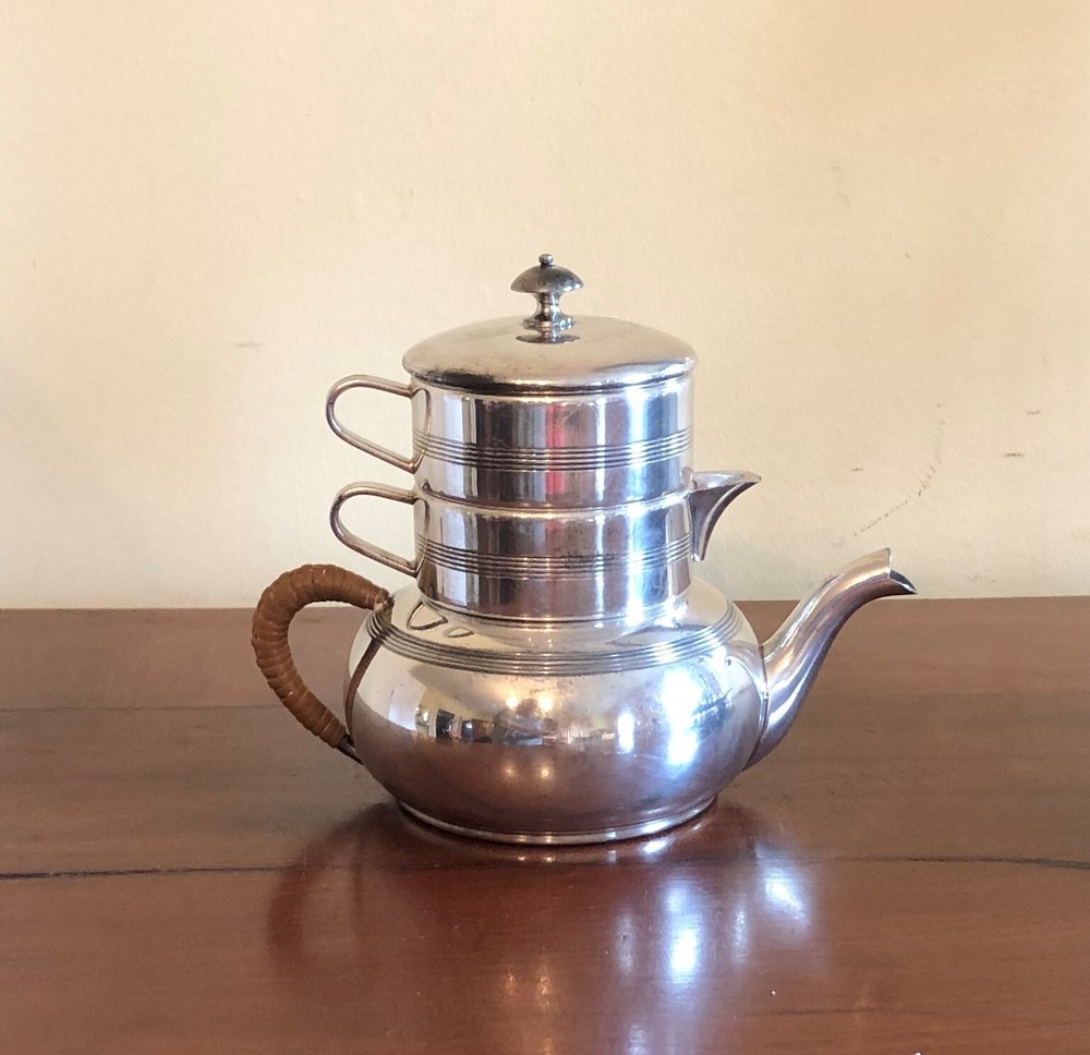 Unique Antique 4 Piece Apollo SIlverplate Stackable Tea Set Teapot Sugar Creamer