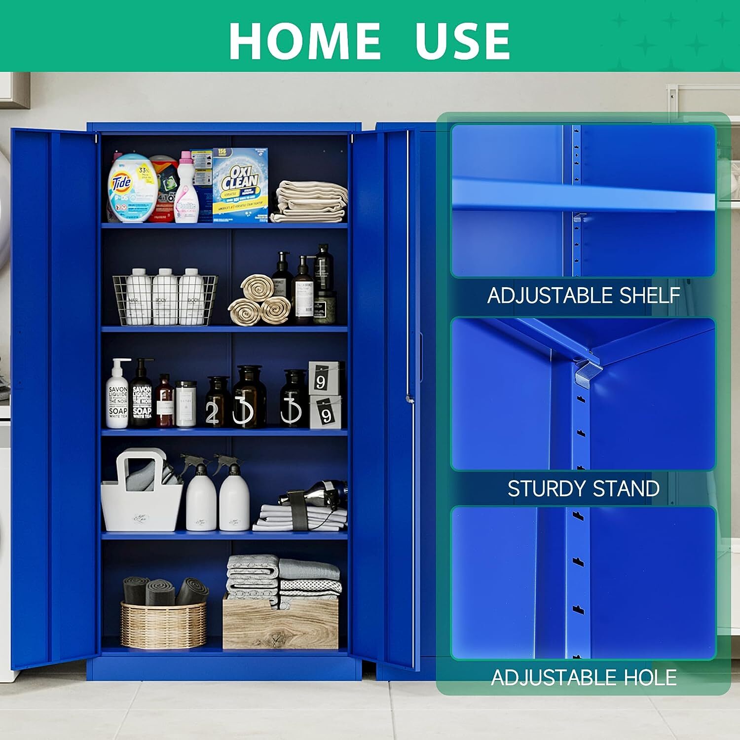 71" Metal Storage Cabinet with 4 Adjustable Shelves and Locking Door Home Garage