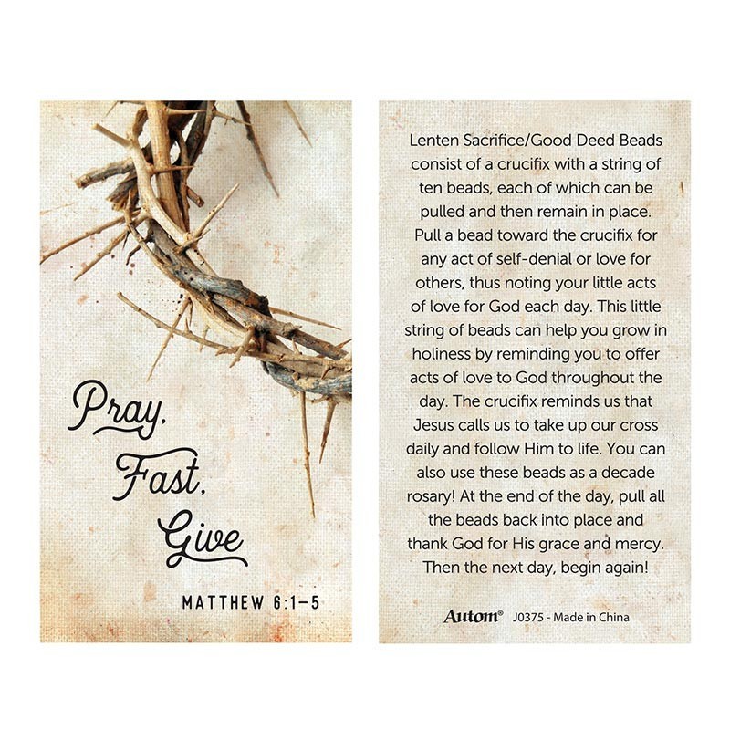 Lenten Sacrifice Good Deed Beads - Wooden Decade Rosary 9" L Pray Fast Give Lent