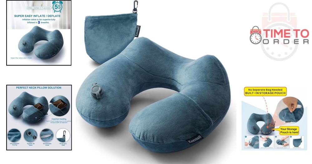 Inflatable Travel Neck Pillow Polyester Soft Support for Airplane Long Flights