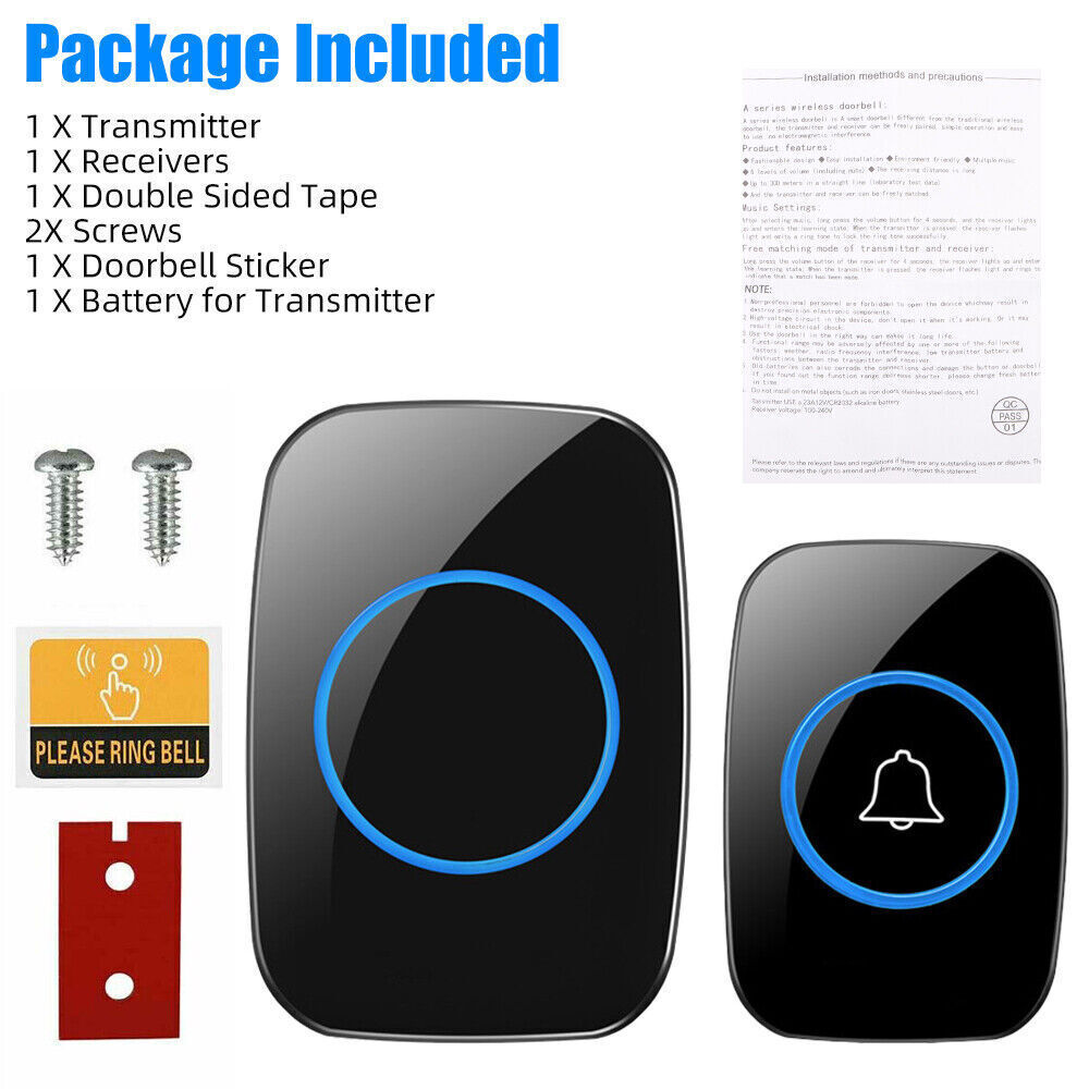 Waterproof Wireless Doorbell Adjustable Volume 1000FT Plugin Receiver 38 Chime